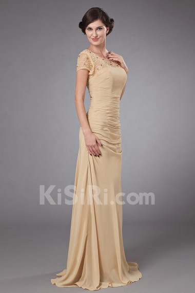 Chiffon Round Neckline A-line Dress with Beaded and Cap-Sleeves