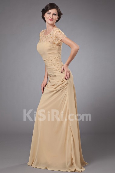 Chiffon Round Neckline A-line Dress with Beaded and Cap-Sleeves