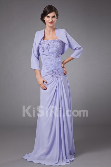 Chiffon One-Shoulder Empire Dress with Row Flower Beaded and Jacket