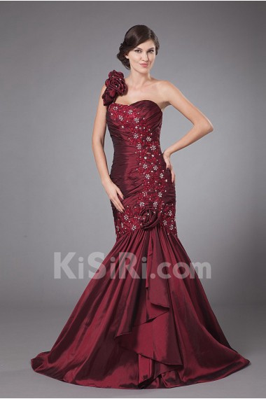 Taffeta One-Shoulder Floor Length Sheath Dress with Embroidery and Ruffle