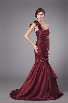 Taffeta One-Shoulder Floor Length Sheath Dress with Embroidery and Ruffle