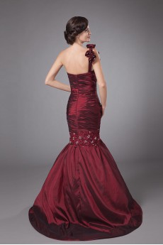 Taffeta One-Shoulder Floor Length Sheath Dress with Embroidery and Ruffle