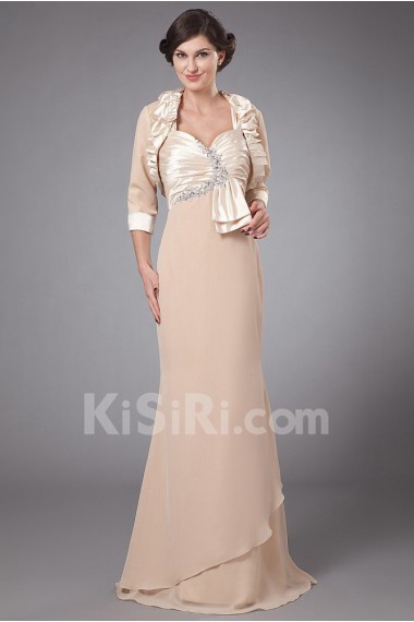 Satin Queen Anne Neckline Floor Length Sheath Dress with Ruffle Pleated and Jacket