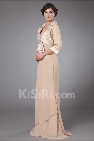 Satin Queen Anne Neckline Floor Length Sheath Dress with Ruffle Pleated and Jacket