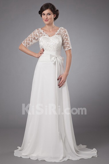 Chiffon V-Neckline A-line Dress with Embroidery and Short Sleeves