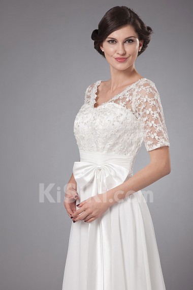 Chiffon V-Neckline A-line Dress with Embroidery and Short Sleeves