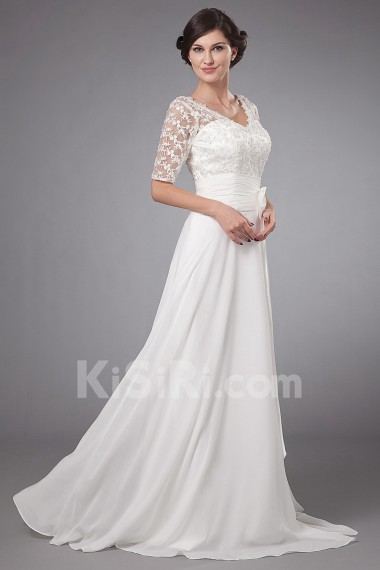 Chiffon V-Neckline A-line Dress with Embroidery and Short Sleeves