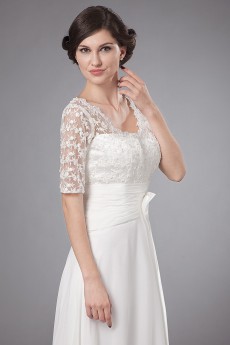 Chiffon V-Neckline A-line Dress with Embroidery and Short Sleeves