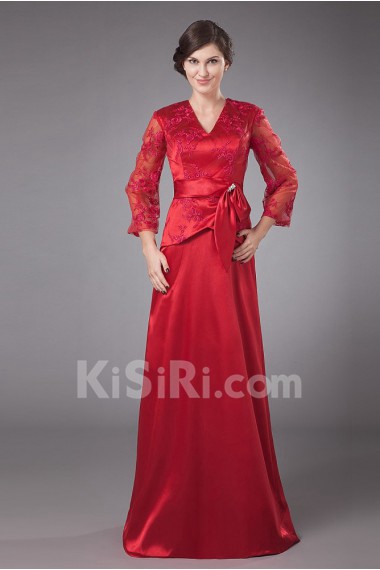 Satin and Lace V-Neckline Floor Length A-line Dress with Bowtie