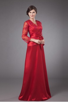 Satin and Lace V-Neckline Floor Length A-line Dress with Bowtie