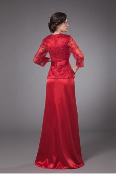 Satin and Lace V-Neckline Floor Length A-line Dress with Bowtie