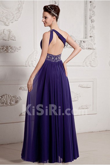 Chiffon One-Shoulder Floor Length A-line Dress with Beaded and Ruffle