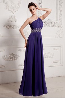 Chiffon One-Shoulder Floor Length A-line Dress with Beaded and Ruffle