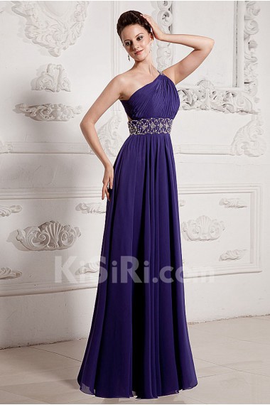 Chiffon One-Shoulder Floor Length A-line Dress with Beaded and Ruffle