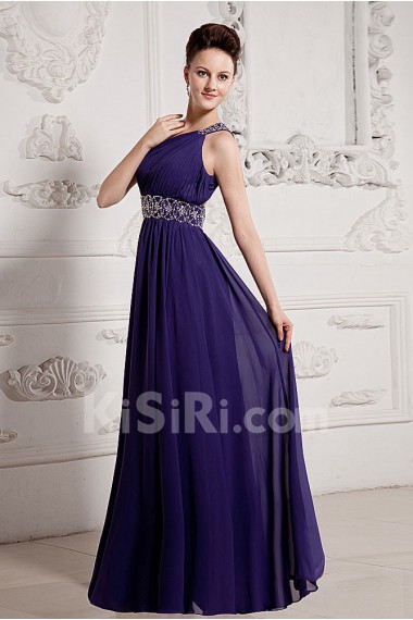 Chiffon One-Shoulder Floor Length A-line Dress with Beaded and Ruffle