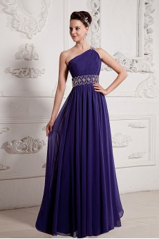 Chiffon One-Shoulder Floor Length A-line Dress with Beaded and Ruffle