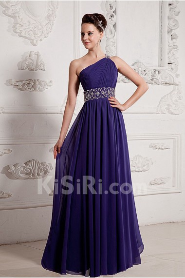 Chiffon One-Shoulder Floor Length A-line Dress with Beaded and Ruffle