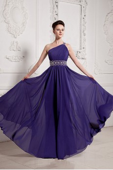 Chiffon One-Shoulder Floor Length A-line Dress with Beaded and Ruffle