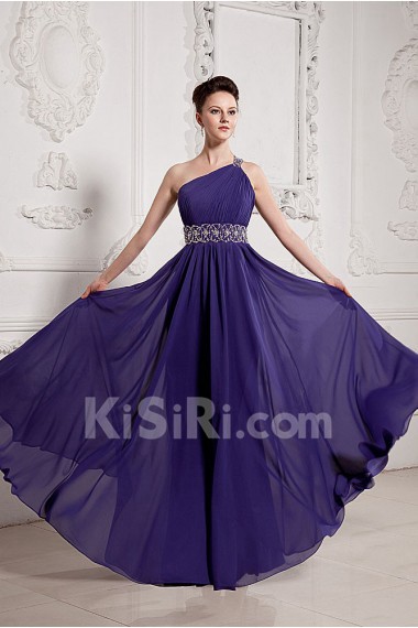 Chiffon One-Shoulder Floor Length A-line Dress with Beaded and Ruffle