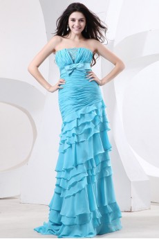 Chiffon Strapless Floor Length Sheath Dress with Beaded and Ruffle