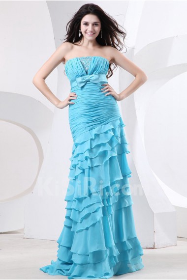 Chiffon Strapless Floor Length Sheath Dress with Beaded and Ruffle