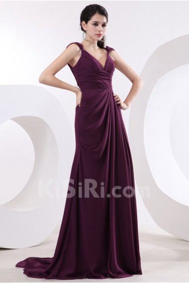 Chiffon V-Neckline A-line Dress with Pleat