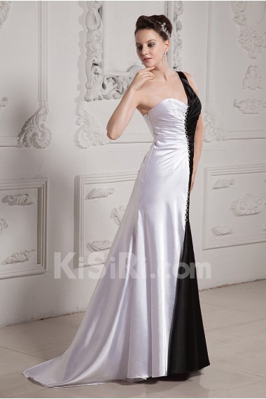 Charmeuse One-Shoulder Floor Length Mermaid Dress with Beaded and Ruffle