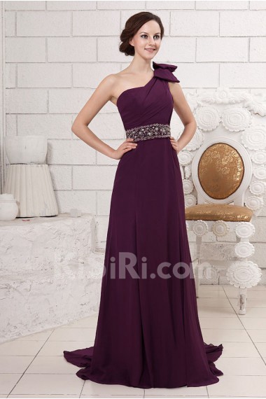 Chiffon One-Shoulder A-line Dress with Bowknot