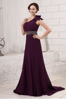 Chiffon One-Shoulder A-line Dress with Bowknot