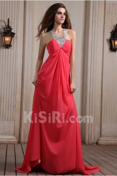 Chiffon Halter Neckline Column Dress with Beaded