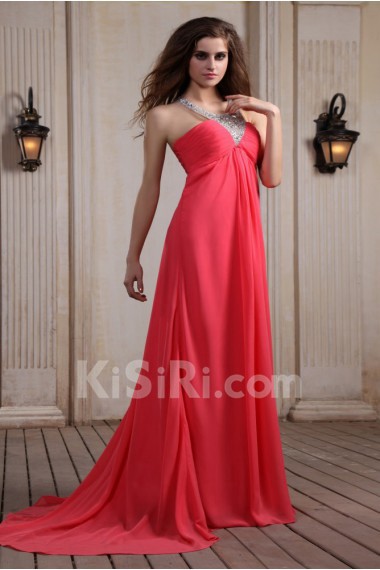 Chiffon Halter Neckline Column Dress with Beaded