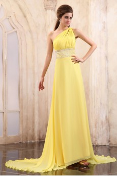 Chiffon One-Shoulder A-line Dress with Beaded and Ruffle