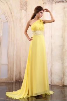 Chiffon One-Shoulder A-line Dress with Beaded and Ruffle