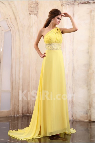 Chiffon One-Shoulder A-line Dress with Beaded and Ruffle