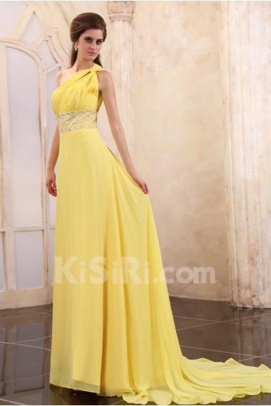 Chiffon One-Shoulder A-line Dress with Beaded and Ruffle