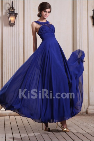 Chiffon Bateau Neckline Floor Length Column Dress with Beaded and Ruffle