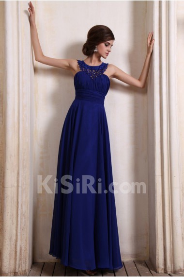 Chiffon Bateau Neckline Floor Length Column Dress with Beaded and Ruffle