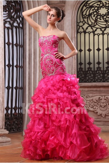 Organza and Charmeuse Sweetheart Floor Length Sheath Dress with Embroidery 