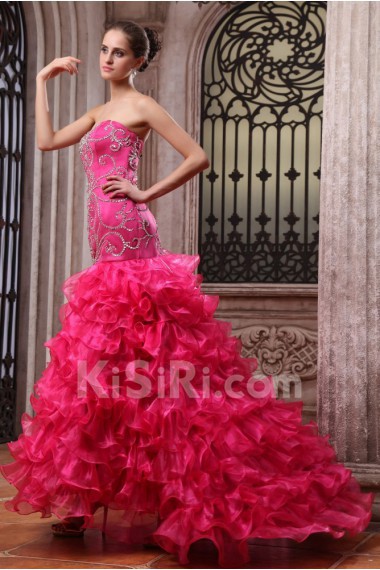 Organza and Charmeuse Sweetheart Floor Length Sheath Dress with Embroidery 