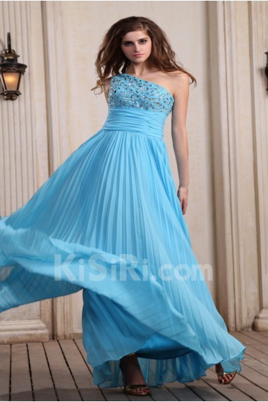 Chiffon One-Shoulder Floor Length Dress with Beaded and Ruffle