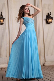 Chiffon One-Shoulder Floor Length Dress with Beaded and Ruffle