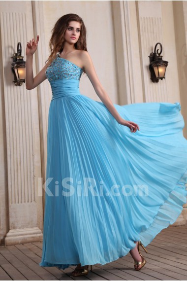 Chiffon One-Shoulder Floor Length Dress with Beaded and Ruffle