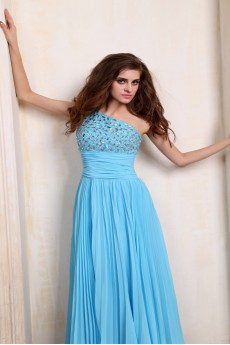 Chiffon One-Shoulder Floor Length Dress with Beaded and Ruffle