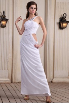 Chiffon One-Shoulder Ankle-Length Column Dress with Beaded and Ruffle