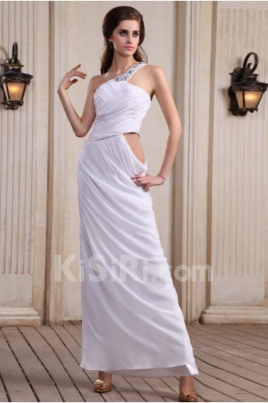 Chiffon One-Shoulder Ankle-Length Column Dress with Beaded and Ruffle