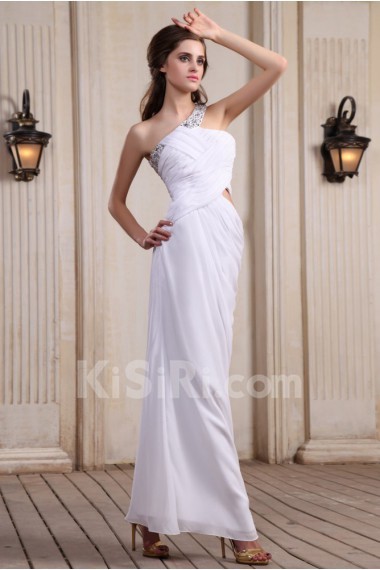 Chiffon One-Shoulder Ankle-Length Column Dress with Beaded and Ruffle