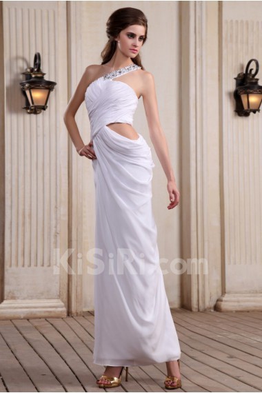 Chiffon One-Shoulder Ankle-Length Column Dress with Beaded and Ruffle