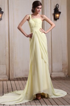 Chiffon One-Shoulder Column Dress with Ruffle