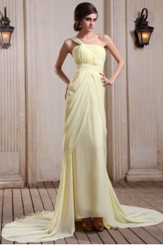 Chiffon One-Shoulder Column Dress with Ruffle