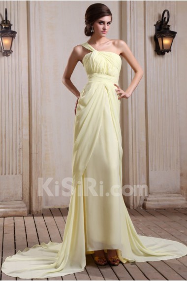 Chiffon One-Shoulder Column Dress with Ruffle